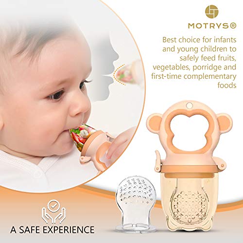 MOTRYS® Juego de 2 tetinas de alimentación para el bebé | A partir de 3 meses | Mordedor de frutas y verduras para diversificar la dieta | 3 tamaños | Silicona sin BPA | Mango ergonómico | CE FDA
