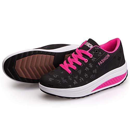 Mujer Adelgazar Zapatos Sneakers para Caminar Zapatillas Aptitud Cuña Plataforma Zapatos（38,Negro