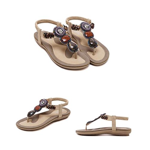 Mujer Bohemia Etnicas Planas Sandalias Retro Elegantes con Cuentas Dedo del Pie del Clip Zapatos Verano Boho Chic Zapatillas Albaricoque 39