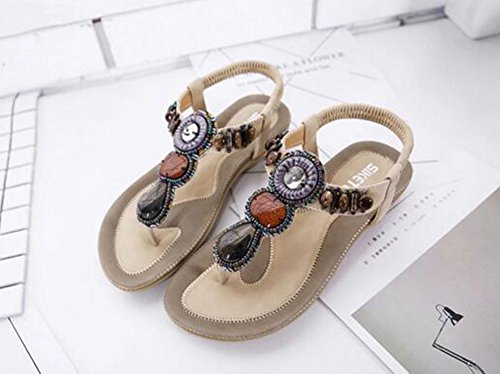 Mujer Bohemia Etnicas Planas Sandalias Retro Elegantes con Cuentas Dedo del Pie del Clip Zapatos Verano Boho Chic Zapatillas Albaricoque 39