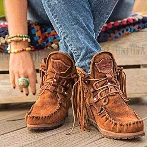 Mujer Botas Militar Moteras Cuero Media Pierna Invierno Guay Botines Botin Cowboy con Flecos Tacón Cuña para Mujer