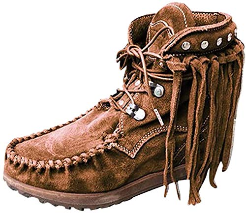 Mujer Botas Militar Moteras Cuero Media Pierna Invierno Guay Botines Botin Cowboy con Flecos Tacón Cuña para Mujer