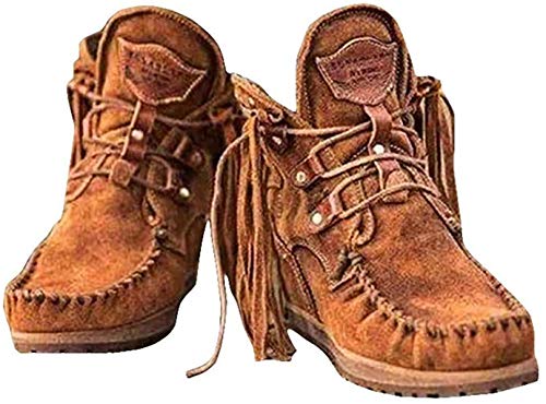 Mujer Botas Militar Moteras Cuero Media Pierna Invierno Guay Botines Botin Cowboy con Flecos Tacón Cuña para Mujer