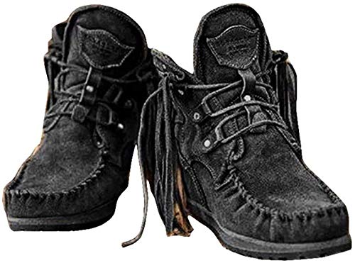 Mujer Botas Militar Moteras Cuero Media Pierna Invierno Guay Botines Botin Cowboy con Flecos Tacón Cuña para Mujer