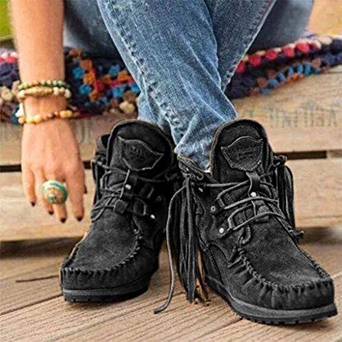 Mujer Botas Militar Moteras Cuero Media Pierna Invierno Guay Botines Botin Cowboy con Flecos Tacón Cuña para Mujer