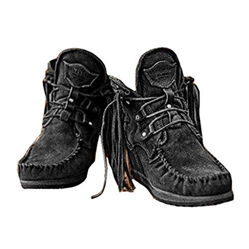 Mujer Botas Militar Moteras Cuero Media Pierna Invierno Guay Botines Botin Cowboy con Flecos Tacón Cuña para Mujer