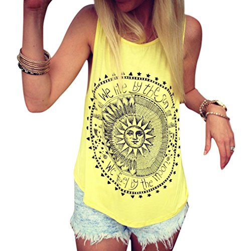 Mujer Camiseta,Sonnena Patrón de Sol Estampado sin Manga Camiseta para Mujer y Chica Joven Casual Sexy Traje de Verano Fresco para Citas Actividades al Aire Libre (XL, Amarillo)