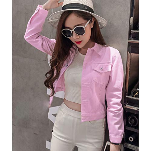 Mujer Casual Chaqueta Vaquera Slim Fit Cazadora De Denim Jeans Abrigos Manga Larga STRIR (L, Rosa)