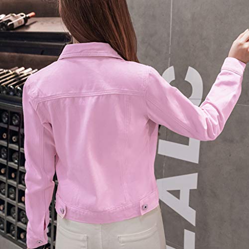 Mujer Casual Chaqueta Vaquera Slim Fit Cazadora De Denim Jeans Abrigos Manga Larga STRIR (L, Rosa)