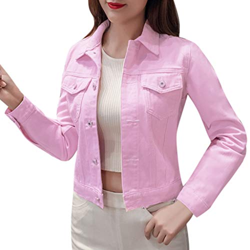 Mujer Casual Chaqueta Vaquera Slim Fit Cazadora De Denim Jeans Abrigos Manga Larga STRIR (L, Rosa)