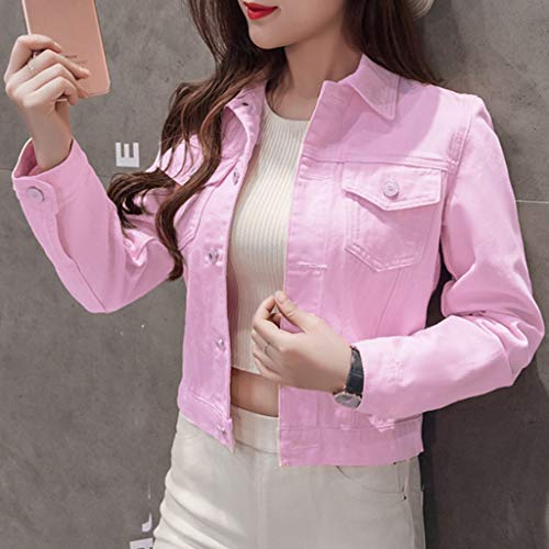 Mujer Casual Chaqueta Vaquera Slim Fit Cazadora De Denim Jeans Abrigos Manga Larga STRIR (L, Rosa)