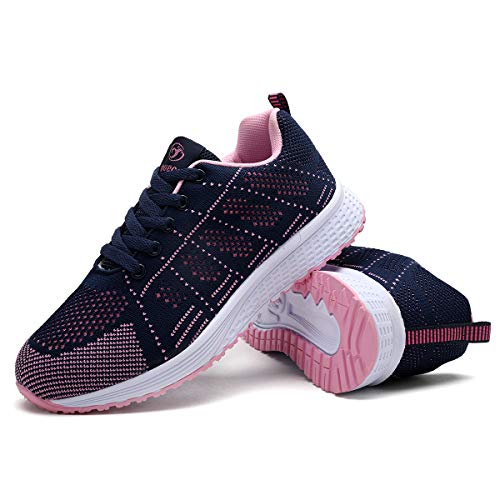 Mujer Entrenador Zapatos Gimnasio Deportes atléticos Zapatillas de Deporte Malla Informal Zapatos para Caminar Encaje Plano Azul EU 36