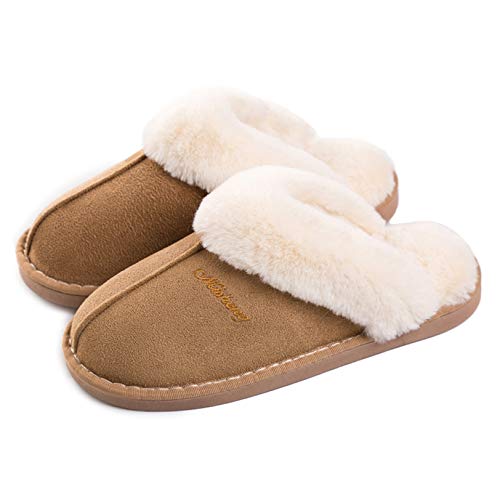 Mujer Invierno Fur Zapatillas de Estar Cerradas Calienta Pantuflas, para Interior o Exterior Marrón Claro, 42/43 EU