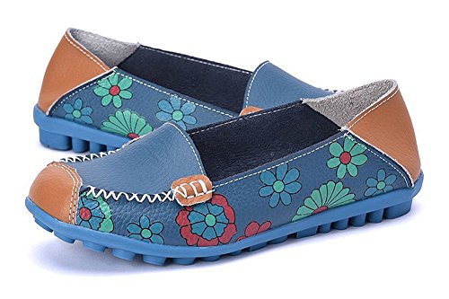 Mujer Mocasines de Cuero Moda Loafers Casual Zapatos de Conducción Zapatillas del Barco Cómodos Planos Sandalias para Caminar,A Azul,40 EU