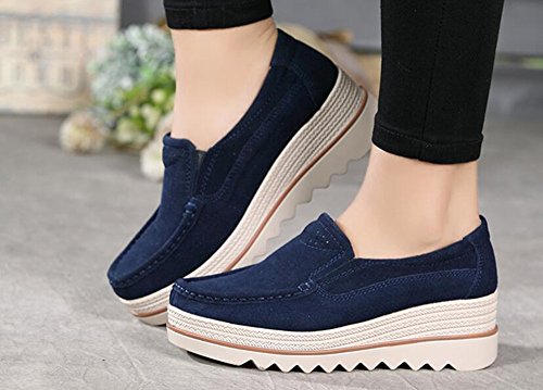 Mujer Mocasines Plataforma Casual Loafers Primavera Verano Zapatos de Cuña 5cm Negro Azul Caqui 35-42 Azul 42