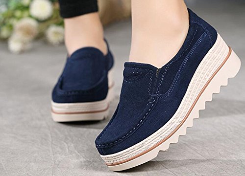 Mujer Mocasines Plataforma Casual Loafers Primavera Verano Zapatos de Cuña 5cm Negro Azul Caqui 35-42 Azul 42