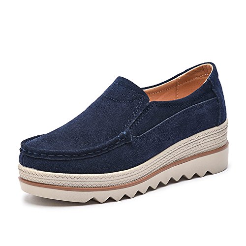 Mujer Mocasines Plataforma Casual Loafers Primavera Verano Zapatos de Cuña 5cm Negro Azul Caqui 35-42 Azul 42