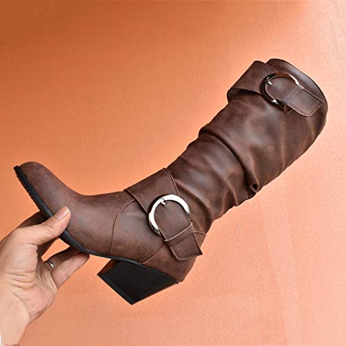Mujer Tacón Cuadrado Bota Tubo Medio Punta Redonda Hebillas Holgadas Botines Casuales