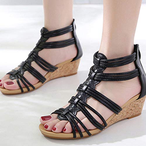 Mujeres Cuñas Sandalias Verano Tacón Medio Correa De Tobillo Peep-Toe Gladiador Calzado Casual Playa Vacaciones Señoras Cremallera Zapatos