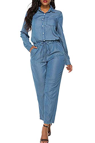 Mujeres Denim Romper Manga Larga Tobillo Pantalones Vaqueros Pantalones Monos Azul M