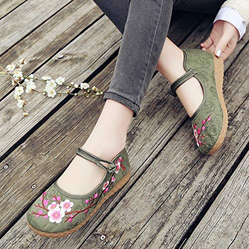 Mujeres Mary Jane Zapatos Retro Bordado Floral Estilo Chino Lona Fabirc Hebilla Correa Zapatos Planos Zapatos Casuales Femeninos