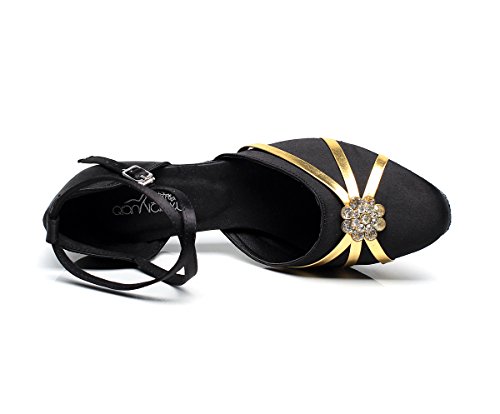 Mujeres Swing Zapatos de baile latino salón novia tacón bajo cerrado dedo del pie satén 7105, color Negro, talla 39.5 EU