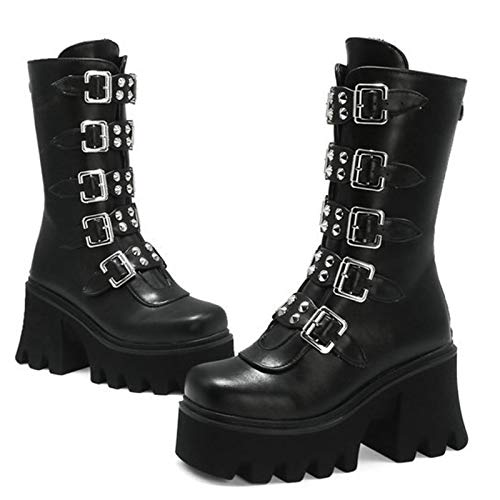 MWbetsy Botas Martin de Plataforma gótica Punk para Mujer Hebilla de cinturón de Metal Cremallera Trasera Bota de Motocicleta a Media Pantorrilla Botas de cuña de tacón Alto grue-36 Negro