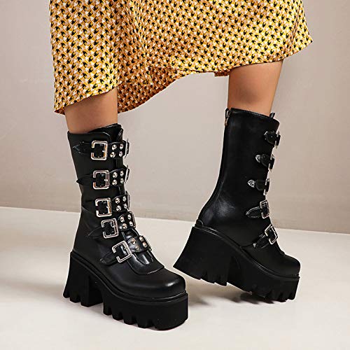MWbetsy Botas Martin de Plataforma gótica Punk para Mujer Hebilla de cinturón de Metal Cremallera Trasera Bota de Motocicleta a Media Pantorrilla Botas de cuña de tacón Alto grue-36 Negro