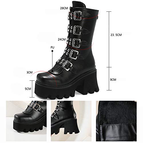 MWbetsy Botas Martin de Plataforma gótica Punk para Mujer Hebilla de cinturón de Metal Cremallera Trasera Bota de Motocicleta a Media Pantorrilla Botas de cuña de tacón Alto grue-36 Negro