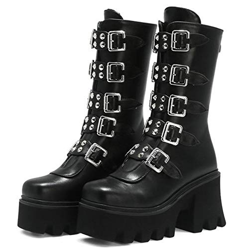 MWbetsy Plataforma para Mujer Martin Botas, Vintage Gótico Punk Rodilla Botas Altas Cinturón Metal Hebilla Atrás Zipper Mid Becerta Motocicleta Bota Chunky High Heel Shoes,Negro,39