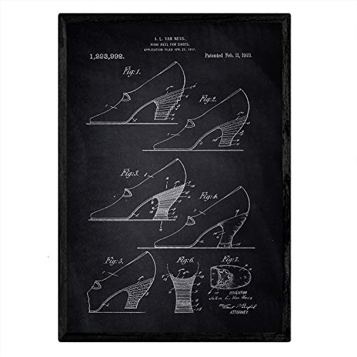 Nacnic Poster con patente de Tacon para zapatos. Lámina con diseño de patente antigua en tamaño A3 y con fondo negro