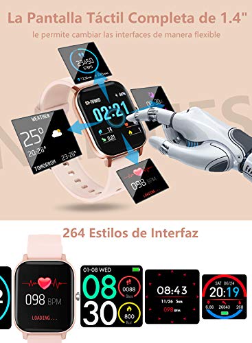 NAIXUES Smartwatch, Reloj Inteligente Impermeable IP67 Reloj Deportivo 1.4" Pantalla Táctil Completa con Pulsómetro, Monitor de Sueño, Podómetro, Notificaciones para Mujer Hombre (Rosa Oro)