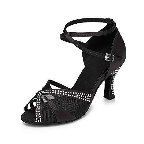 Naudamp Zapatos de Baile de Salón Latino para Mujer con Diamantes de Imitación Modelo Fiesta Zapatos de Baile de Tango Tacón de 7.5 cm