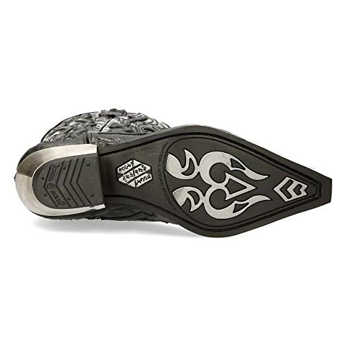 NEW ROCK M-7921-S1 Botas con Llamas Negras de Cuero Negro Estilo Motorista Cowboy 44