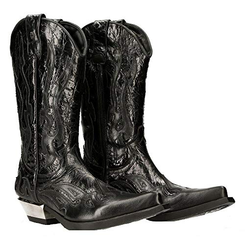 NEW ROCK M-7921-S1 Botas con Llamas Negras de Cuero Negro Estilo Motorista Cowboy 44