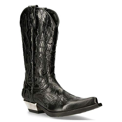 NEW ROCK M-7921-S1 Botas con Llamas Negras de Cuero Negro Estilo Motorista Cowboy 44