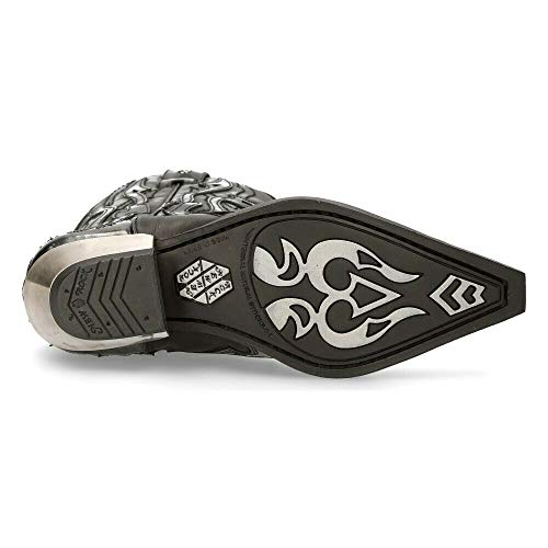 NEW ROCK M-7921-S3 Botas con Llamas Plateadas de Cuero Negro Estilo Motorista Cowboy 42