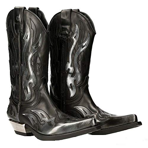 NEW ROCK M-7921-S3 Botas con Llamas Plateadas de Cuero Negro Estilo Motorista Cowboy 45