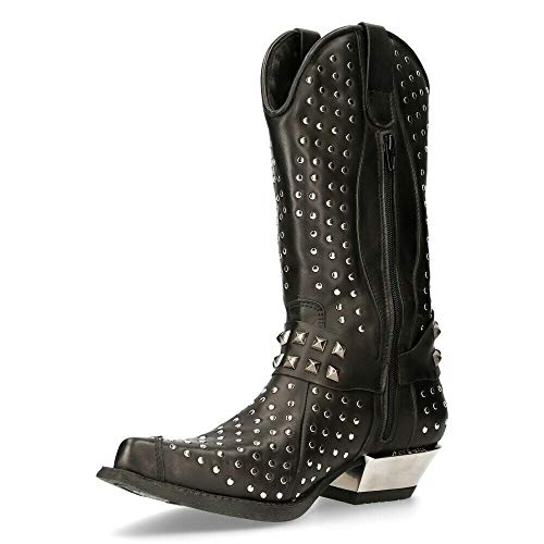 NEW ROCK M-7928-S1 Botas Cowboy Western de Cuero Negro con Detalles de Plata Estilo Motorista 41