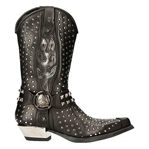 NEW ROCK M-7928-S1 Botas Cowboy Western de Cuero Negro con Detalles de Plata Estilo Motorista 41