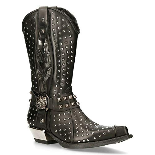 NEW ROCK M-7928-S1 Botas Cowboy Western de Cuero Negro con Detalles de Plata Estilo Motorista 41