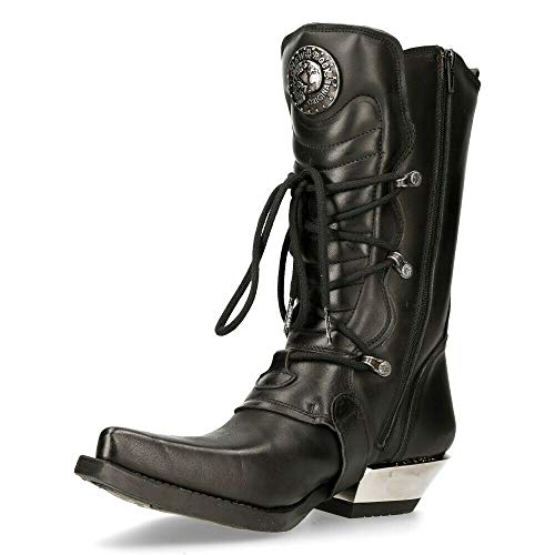 NEW ROCK M-7993-S1 Botas Cowboy Western de Cuero Negro con Hebilla Estilo Motorista 43
