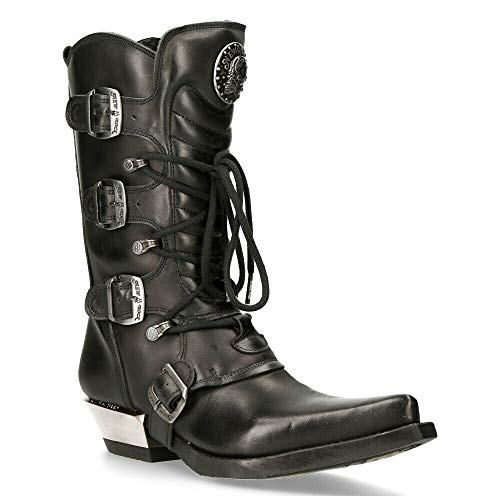 NEW ROCK M-7993-S1 Botas Cowboy Western de Cuero Negro con Hebilla Estilo Motorista 43