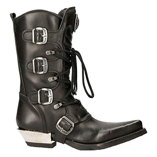 NEW ROCK M-7993-S1 Botas Cowboy Western de Cuero Negro con Hebilla Estilo Motorista 43