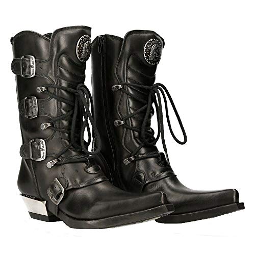 NEW ROCK M-7993-S1 Botas Cowboy Western de Cuero Negro con Hebilla Estilo Motorista 43