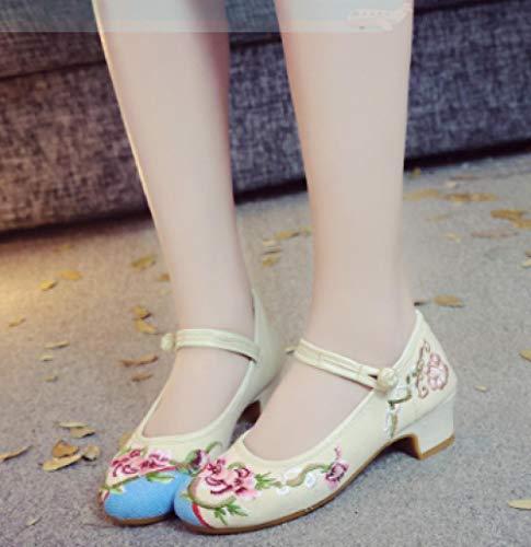 NHGFP Ceremonia De Estilo Chino Adulto Zapatos De Tela Bordados Danza De Los Zapatos De Las Mujeres De Tacón Bajo Zapatos De Suela Blanda Señoras del Estilo Chino Mary Jane Zapatos