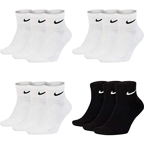 Nike 12 pares de calcetines deportivos cortos para hombre y mujer, color blanco y negro, talla 34, 36, 38, 40, 42, 44, 46, 48, 50, talla: 46-50, color: 9 pares blancos y 3 pares negros