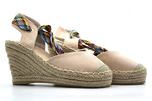 Niko Amore - 19070- Sandalia con cuña de esparto, sujección y cierre al tobillo de cordones, suela de goma, para: Mujer color: BEIG talla:38