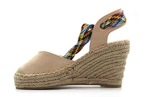 Niko Amore - 19070- Sandalia con cuña de esparto, sujección y cierre al tobillo de cordones, suela de goma, para: Mujer color: BEIG talla:38