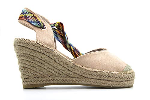 Niko Amore - 19070- Sandalia con cuña de esparto, sujección y cierre al tobillo de cordones, suela de goma, para: Mujer color: BEIG talla:38